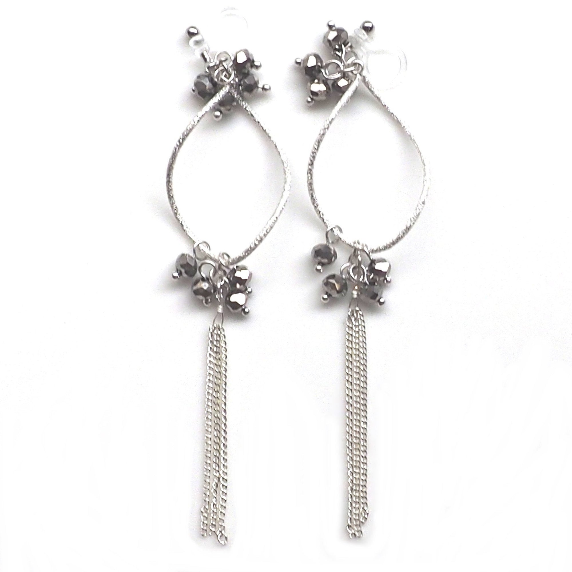 Invisible clip on hoop with metallic black beads and chain earrings - miyabigracejewelry.com