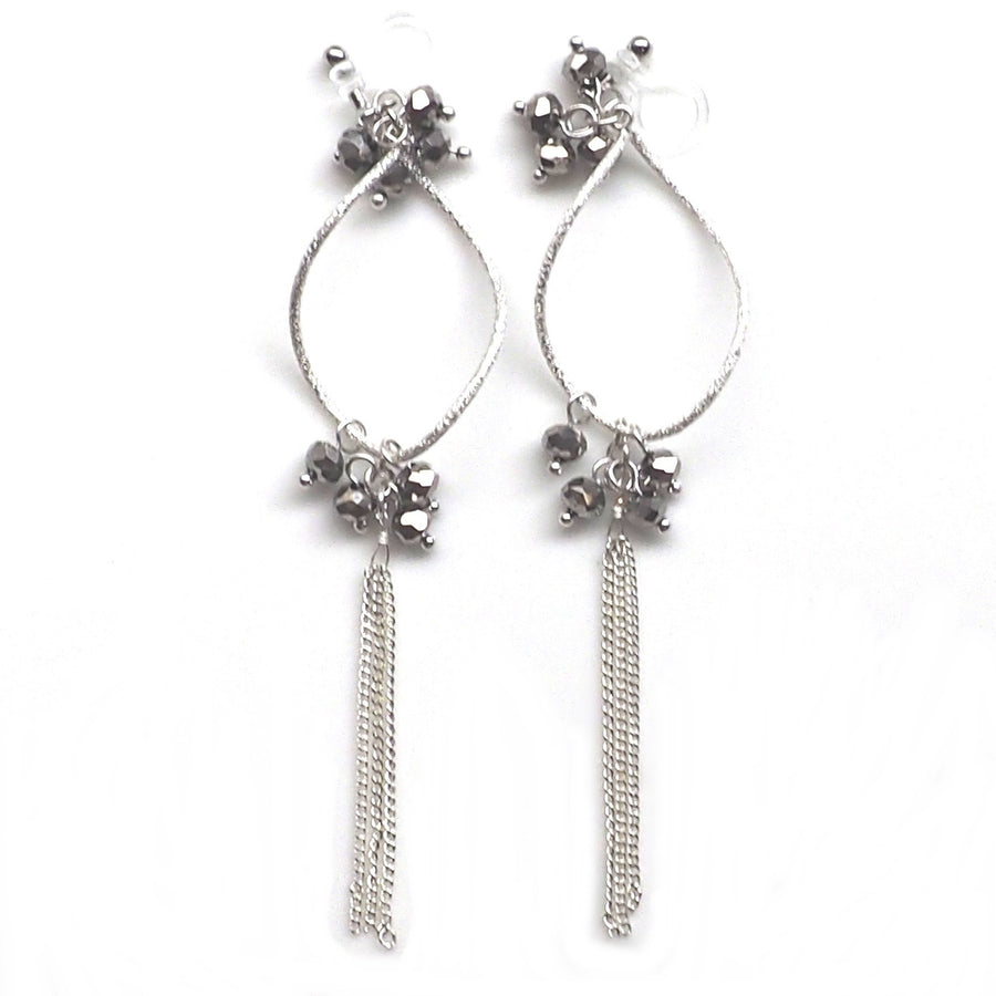 Invisible clip on hoop with metallic black beads and chain earrings - miyabigracejewelry.com