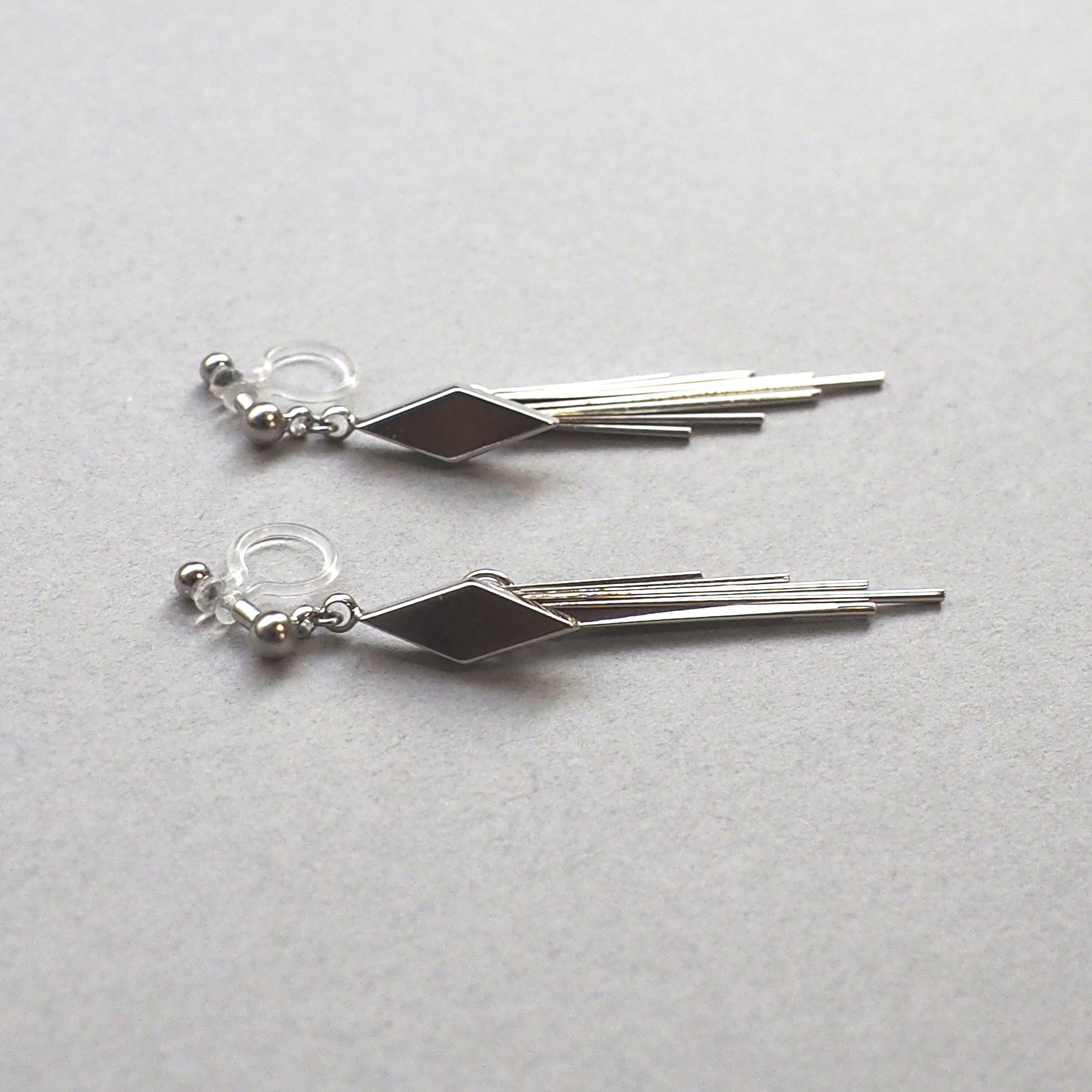 Silver diamond shape fringe invisible clip on earrings - miyabigracejewelry.com