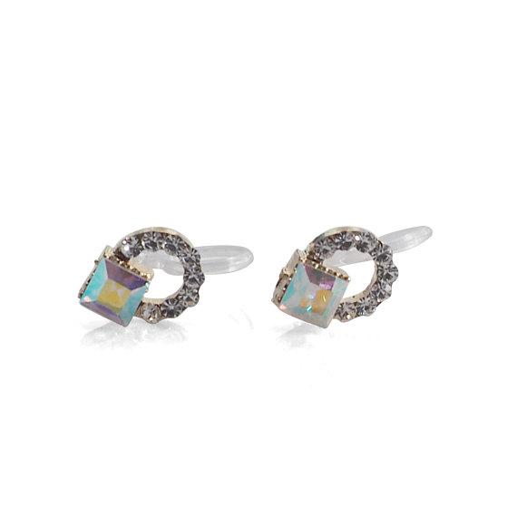 Aurora Borealis Swarovski Hoop Rhinestone Invisible Clip On Stud Earrings - miyabigracejewelry.com
