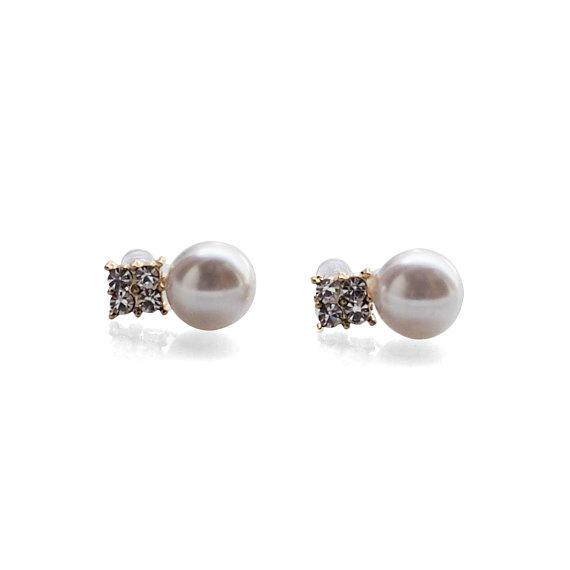 White Pearl and Rhinestone Invisible Clip On Stud Earrings (Gold tone) - miyabigracejewelry.com
