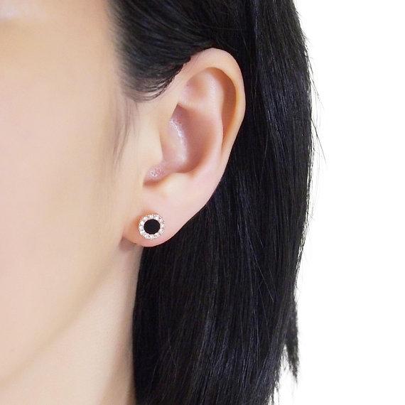 Rose Gold Round Swarovski Crystal Rhinestone Pave Invisible Clip On Stud Earrings ( Black ) - Miyabi Grace