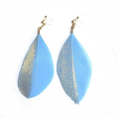 Gold painted blue feather invisible clip on earrings - miyabigracejewelry.com