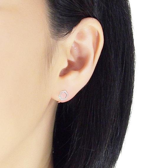 Cubic Zirconia Crystal Pave Hexagon Invisible Clip On Stud Earrings ( Silver tone ) - Miyabi Grace