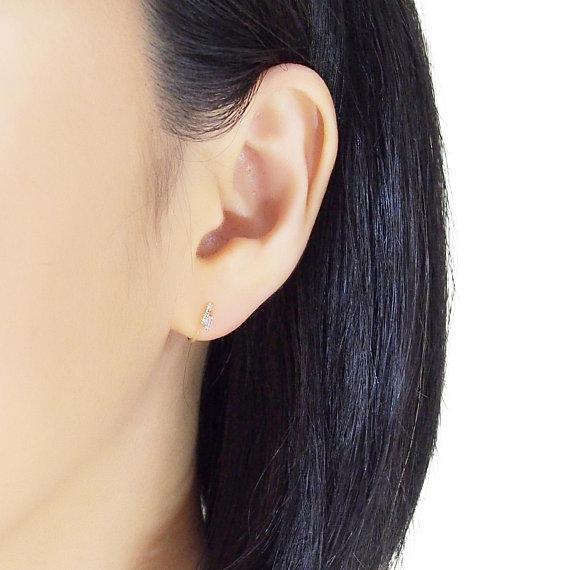 Cubic Zirconia Crystal Bar Invisible Clip On Stud Earrings ( Gold tone ) - Miyabi Grace