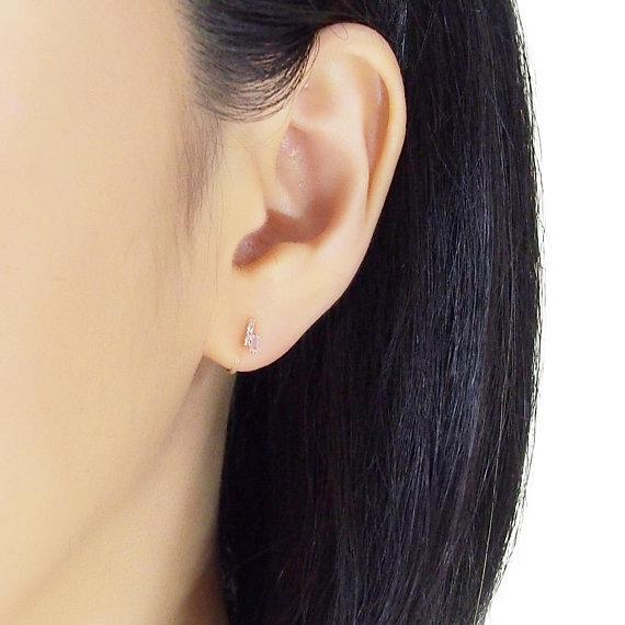Cubic Zirconia Crystal Bar Invisible Clip On Stud Earrings ( Rose gold tone ) - Miyabi Grace