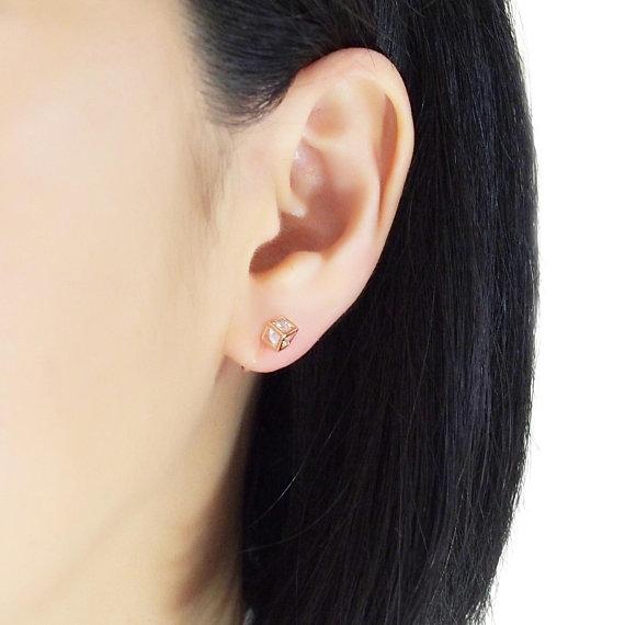 Cubic Zirconia Crystal In Cube Invisible Clip On Stud Earrings ( Rose gold tone ) - Miyabi Grace