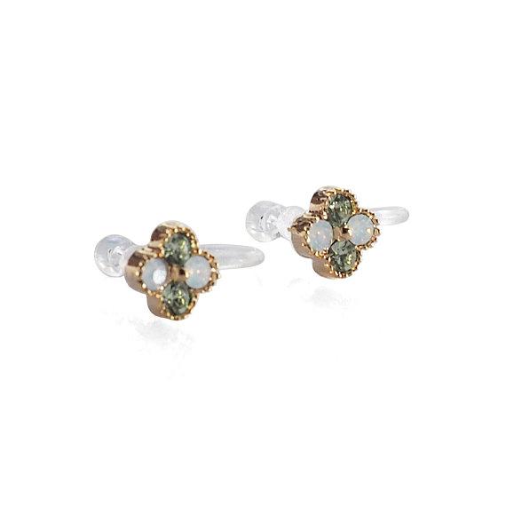 Light Green Flower Rhinestone Invisible Clip On Stud Earrings - miyabigracejewelry.com