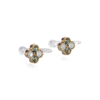 Light Green Flower Rhinestone Invisible Clip On Stud Earrings - miyabigracejewelry.com