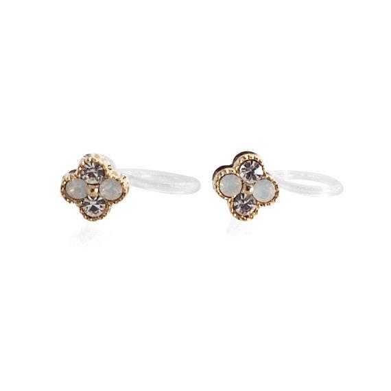 Milky White Flower Rhinestone Invisible Clip On Stud Earrings - miyabigracejewelry.com