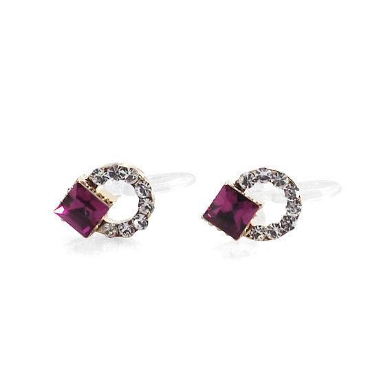 Fuchsia Pink Swarovski Hoop Rhinestone Invisible Clip On Stud Earrings - miyabigracejewelry.com