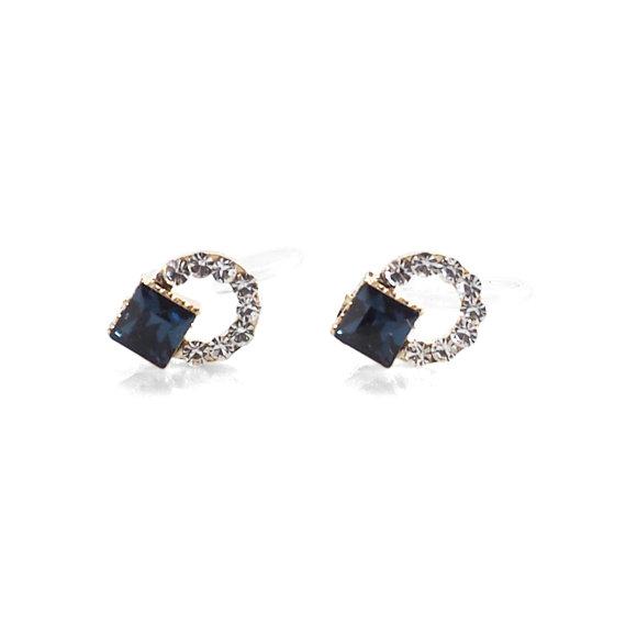 Navy Blue Swarovski Hoop Rhinestone Invisible Clip On Stud Earrings - miyabigracejewelry.com