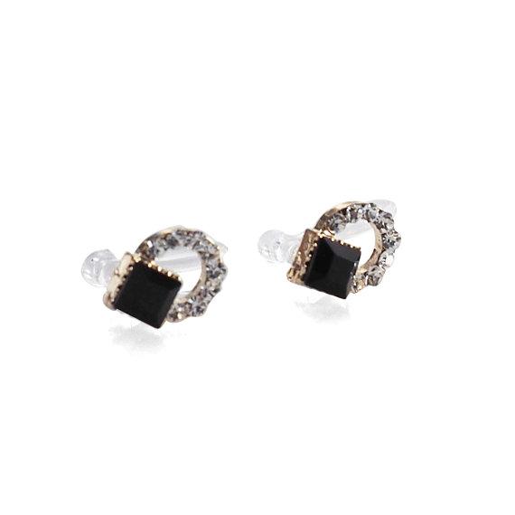 Black Swarovski Hoop Rhinestone Invisible Clip On Stud Earrings - miyabigracejewelry.com