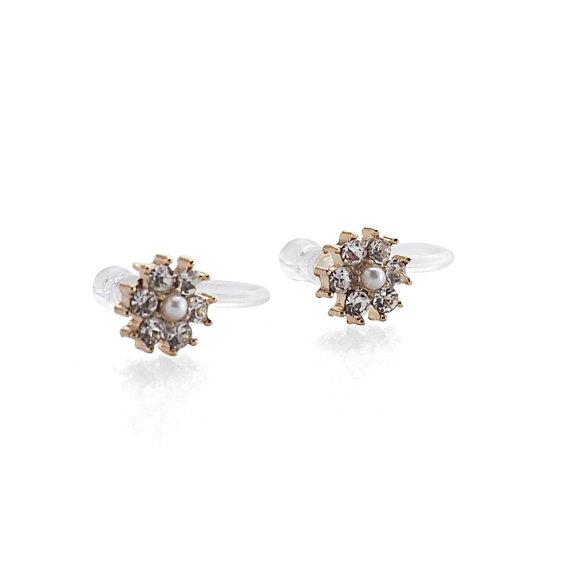 Flower Rhinestone Invisible Clip On Stud Earrings (Gold tone) - miyabigracejewelry.com