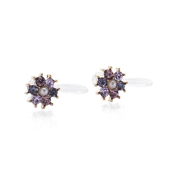 Flower Rhinestone Invisible Clip On Stud Earrings (Light Purple) - miyabigracejewelry.com