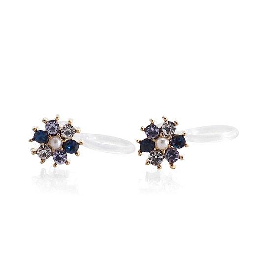 Flower Rhinestone Invisible Clip On Stud Earrings (Blue) - miyabigracejewelry.com
