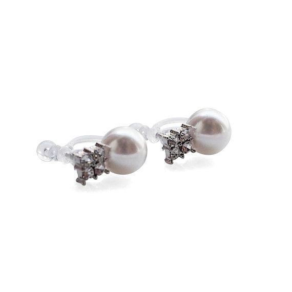 White Pearl and Rhinestone Invisible Clip On Stud Earrings (Silver tone) - miyabigracejewelry.com
