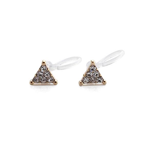 Gold Triangle Pave Rhinestone Invisible Clip On Stud Earrings - miyabigracejewelry.com