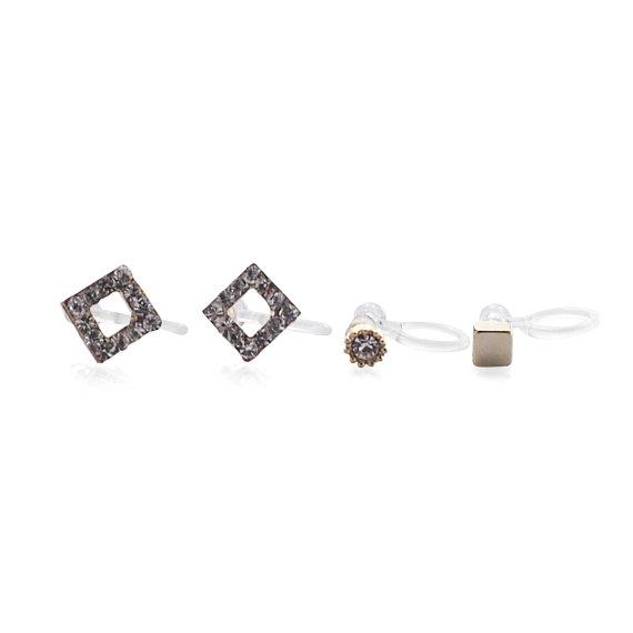 Square Rhinestone and Gold Invisible Clip On Stud Earrings - miyabigracejewelry.com