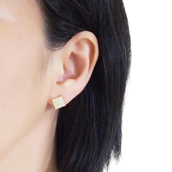 Square Swarovski Crystal Rhinestone Pave Invisible Clip On Stud Earrings ( Gold tone ) - Miyabi Grace