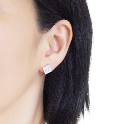 Square Swarovski Crystal Rhinestone Pave Invisible Clip On Stud Earrings ( Silvert tone ) - Miyabi Grace