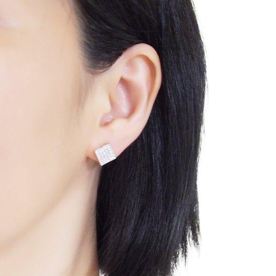 Square Swarovski Crystal Rhinestone Pave Invisible Clip On Stud Earrings ( Silvert tone ) - Miyabi Grace