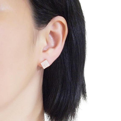 Square Swarovski Crystal Rhinestone Pave Invisible Clip On Stud Earrings ( Rose gold tone ) - Miyabi Grace