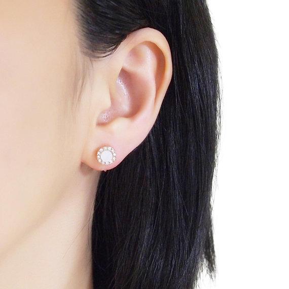 Rose Gold Round Swarovski Crystal Rhinestone Pave Invisible Clip On Stud Earrings ( White ) - Miyabi Grace