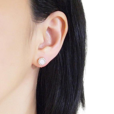 Rose Gold Round Swarovski Crystal Rhinestone Pave Invisible Clip On Stud Earrings ( White ) - Miyabi Grace