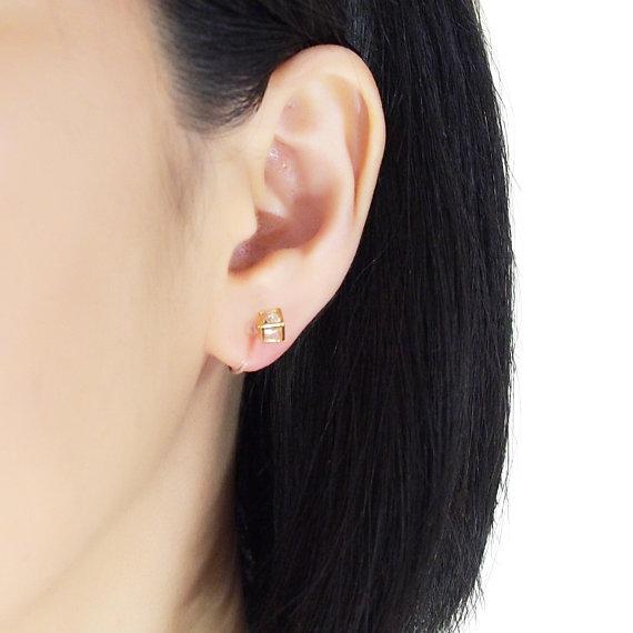 Cubic Zirconia Crystal In Cube Invisible Clip On Stud Earrings ( Gold tone ) - Miyabi Grace