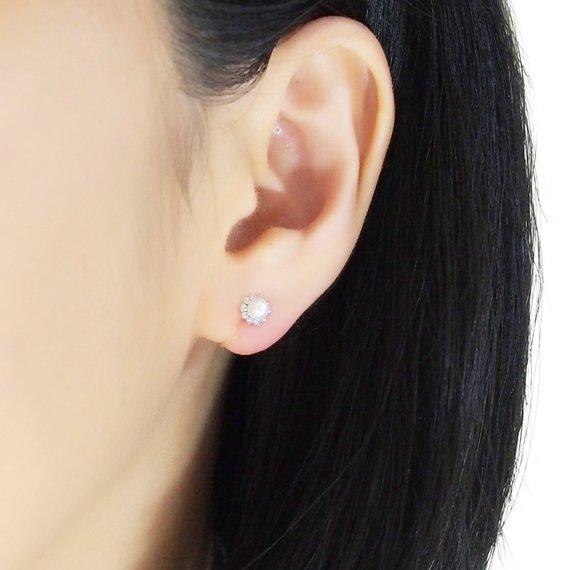 White Pearl & Cubic Zirconia Crystal Pave Invisible Clip On Stud Earrings ( Silver tone ) - Miyabi Grace