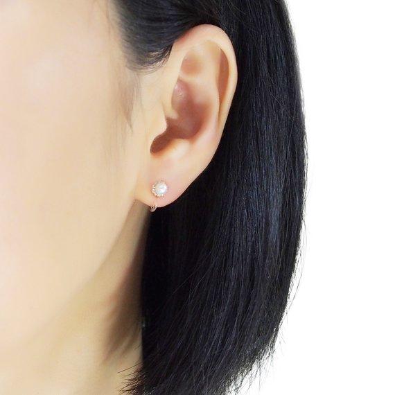 White Pearl & Cubic Zirconia Crystal Pave Invisible Clip On Stud Earrings ( Rose gold tone ) - Miyabi Grace