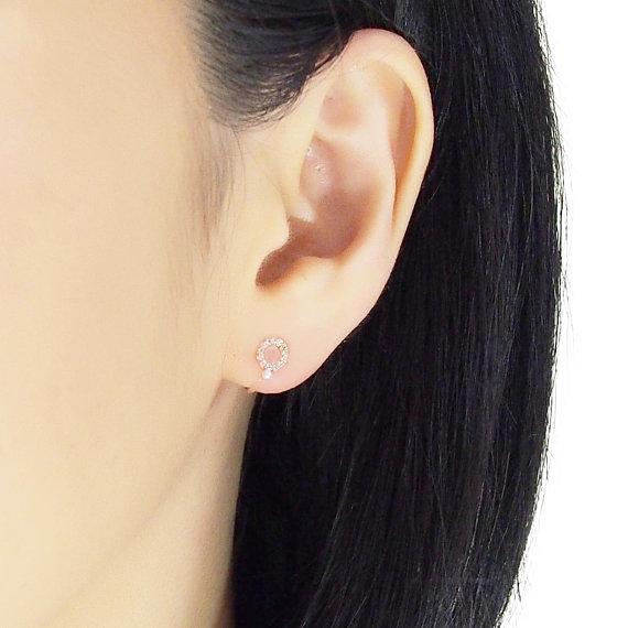 Cubic Zirconia Crystal Pave Hoop with White Pearl Invisible Clip On Stud Earrings  ( Rose gold tone ) - Miyabi Grace