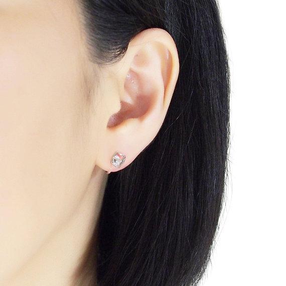 Cubic Zirconia Crystal In Cube Invisible Clip On Stud Earrings ( Silver tone ) - Miyabi Grace