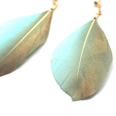 Gold painted green feather invisible clip on earrings - miyabigracejewelry.com