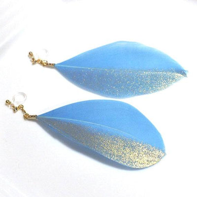 Gold painted blue feather invisible clip on earrings - miyabigracejewelry.com