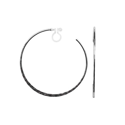 Silver Large Hammered Invisible Clip On Hoop Earrings - Miyabi Grace