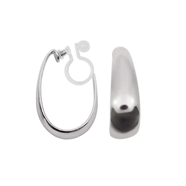 Silver Oval Invisible Clip On Hoop Earrings - Miyabi Grace
