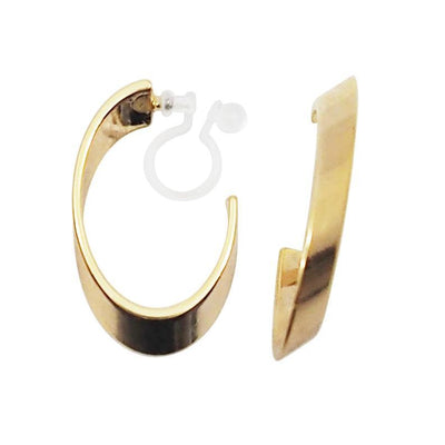 Gold Twisted Oval Invisible Clip On Hoop Earrings - Miyabi Grace