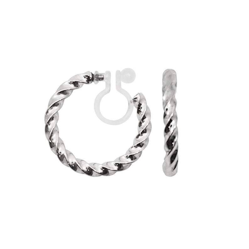 Silver Textured Invisible Clip On Hoop Earrings - Miyabi Grace