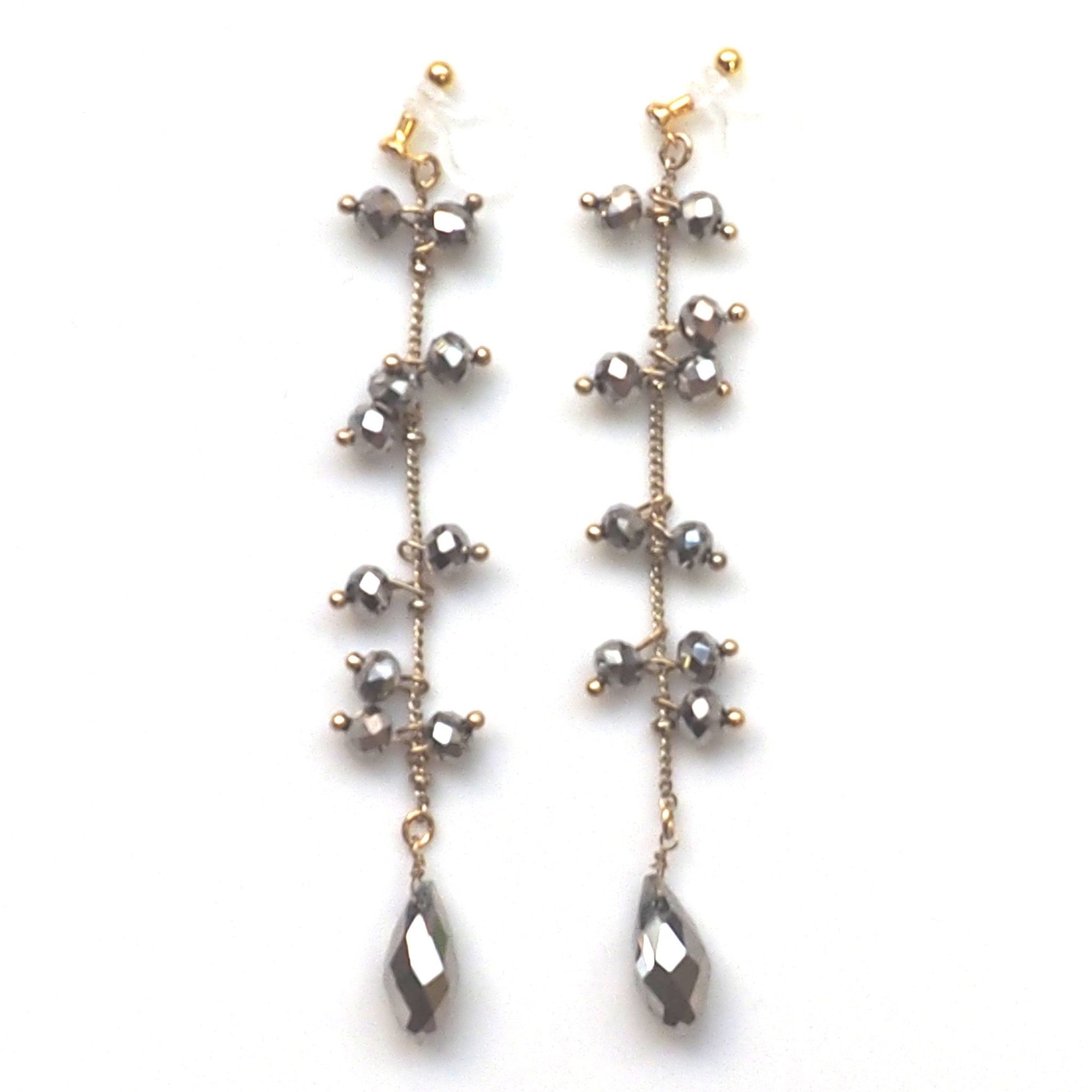 Dangle metallic brown beads invisible clip on earrings - miyabigracejewelry.com