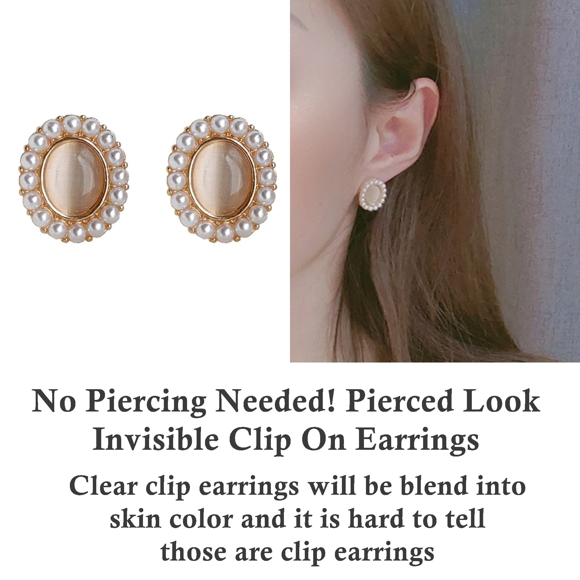 Vintage Style White Pearl Gold Crystal Rhinestone Invisible Clip On Earrings