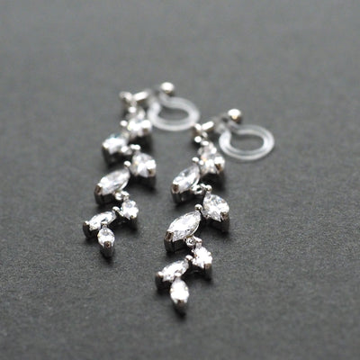 Bridal leaf cubic zirconia invisible clip on earrings ( silver tone ) - miyabigracejewelry.com