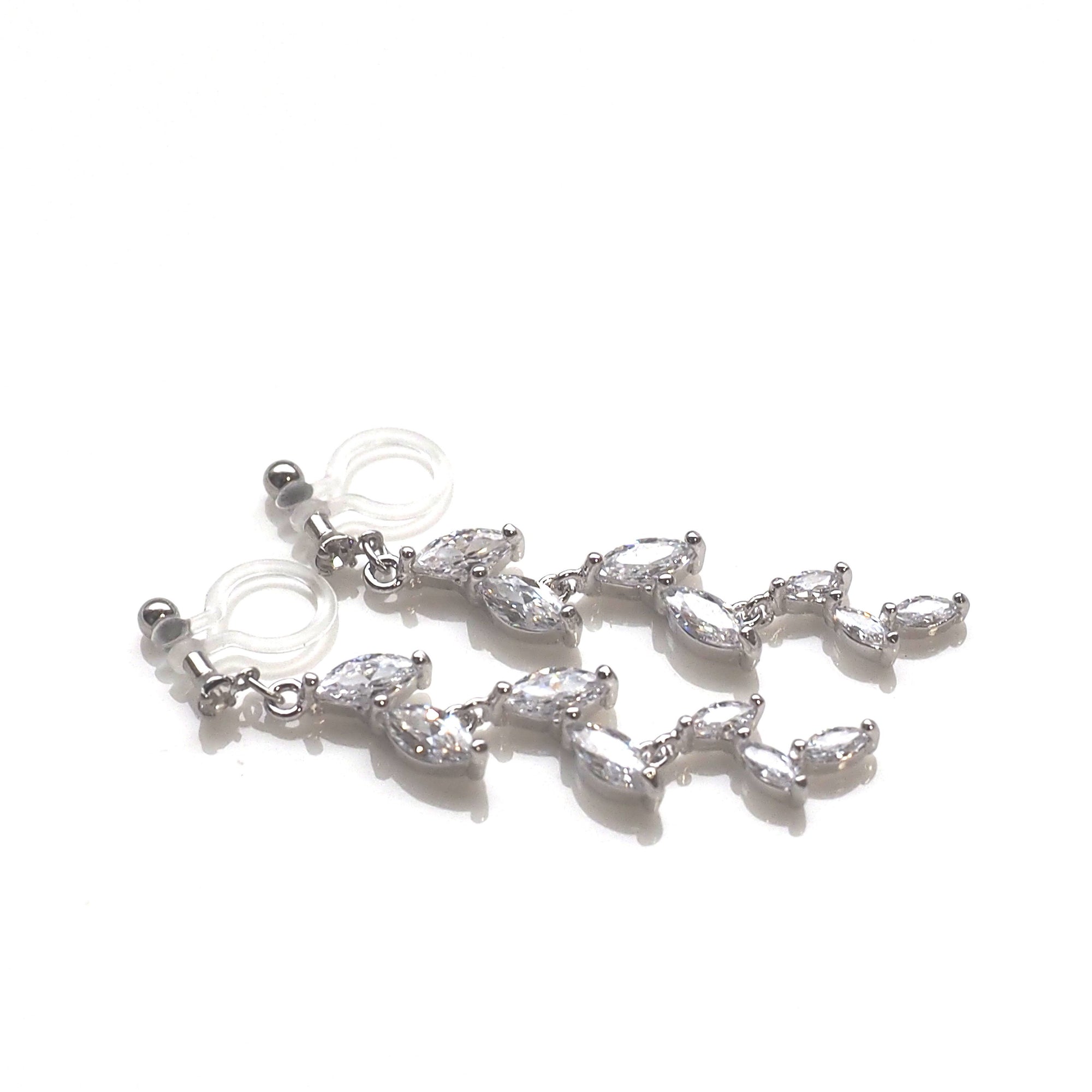 Bridal leaf cubic zirconia invisible clip on earrings ( silver tone ) - miyabigracejewelry.com