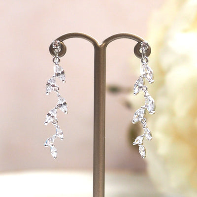 Bridal leaf cubic zirconia invisible clip on earrings ( silver tone ) - miyabigracejewelry.com