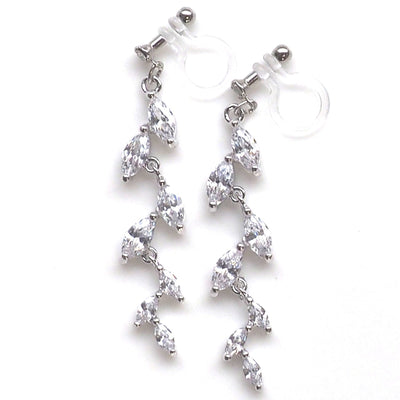 Bridal leaf cubic zirconia invisible clip on earrings ( silver tone ) - miyabigracejewelry.com