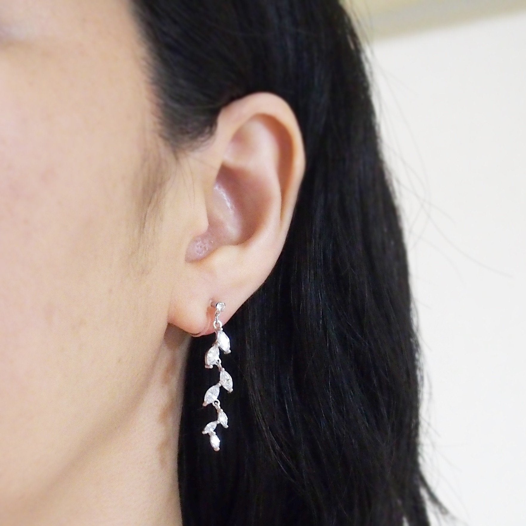 Bridal leaf cubic zirconia invisible clip on earrings ( silver tone ) - miyabigracejewelry.com