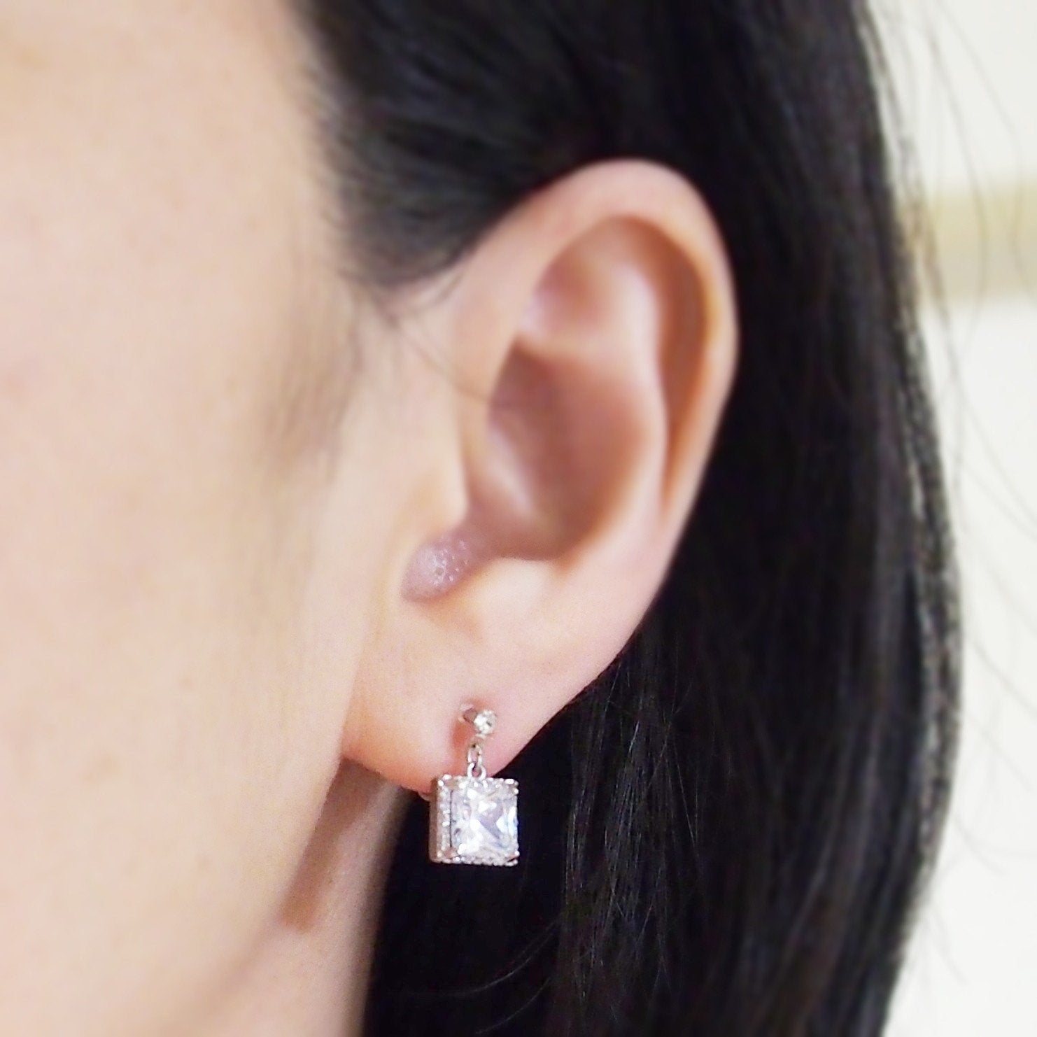 Bridal square cubic zirconia invisible clip on earrings ( silver tone ) - miyabigracejewelry.com