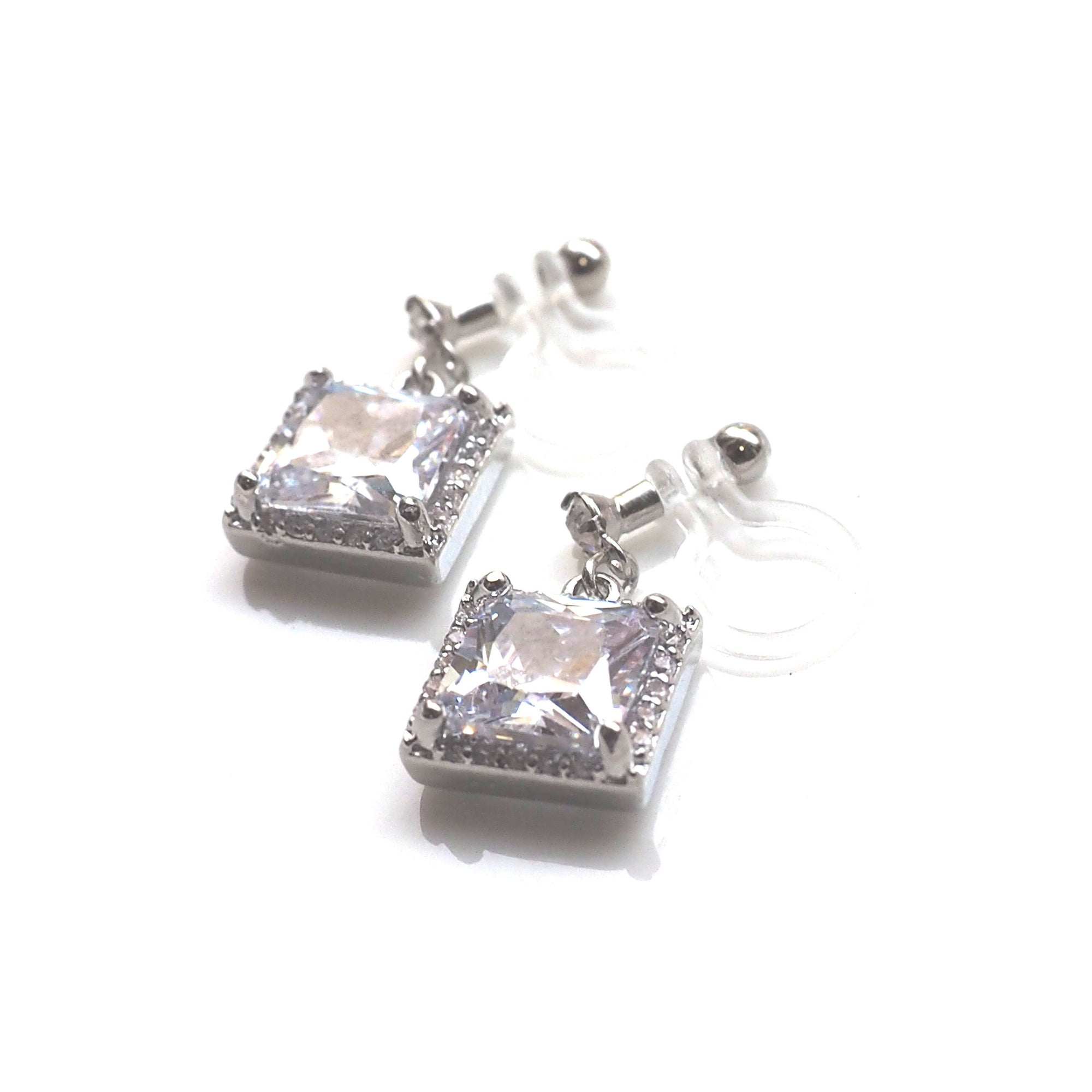 Bridal square cubic zirconia invisible clip on earrings ( silver tone ) - miyabigracejewelry.com