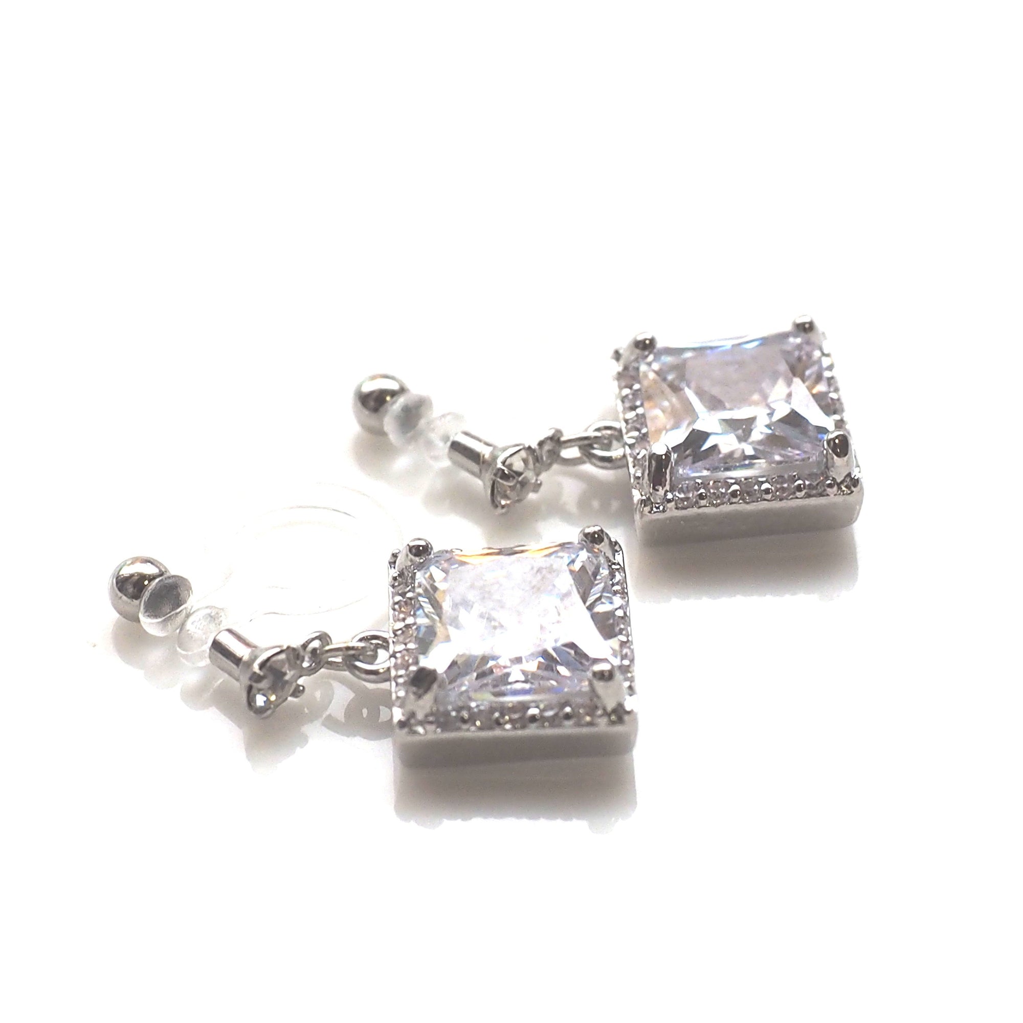 Bridal square cubic zirconia invisible clip on earrings ( silver tone ) - miyabigracejewelry.com